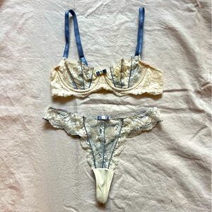 Adore Me Cream and Blue Lace Thong